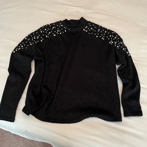 H&M heathered black pearl-embellished mock neck long sleeve sweater top